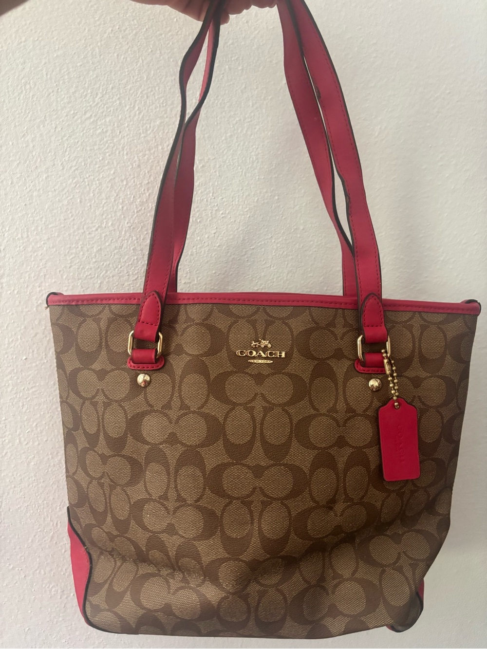 Coach Brown Signature Canvas Tote with Pink Trim